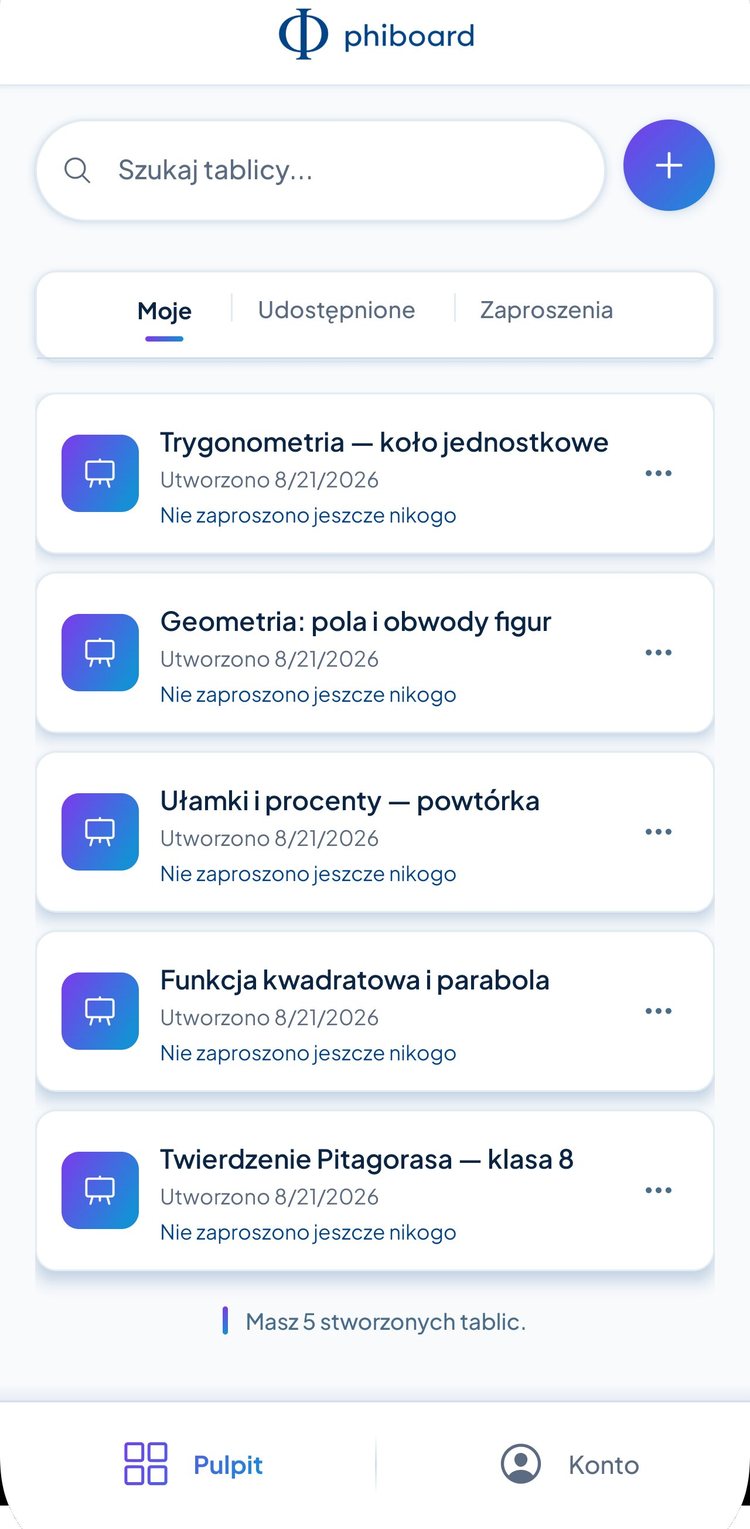 Lista tablic w aplikacji PhiBoard na telefonie
